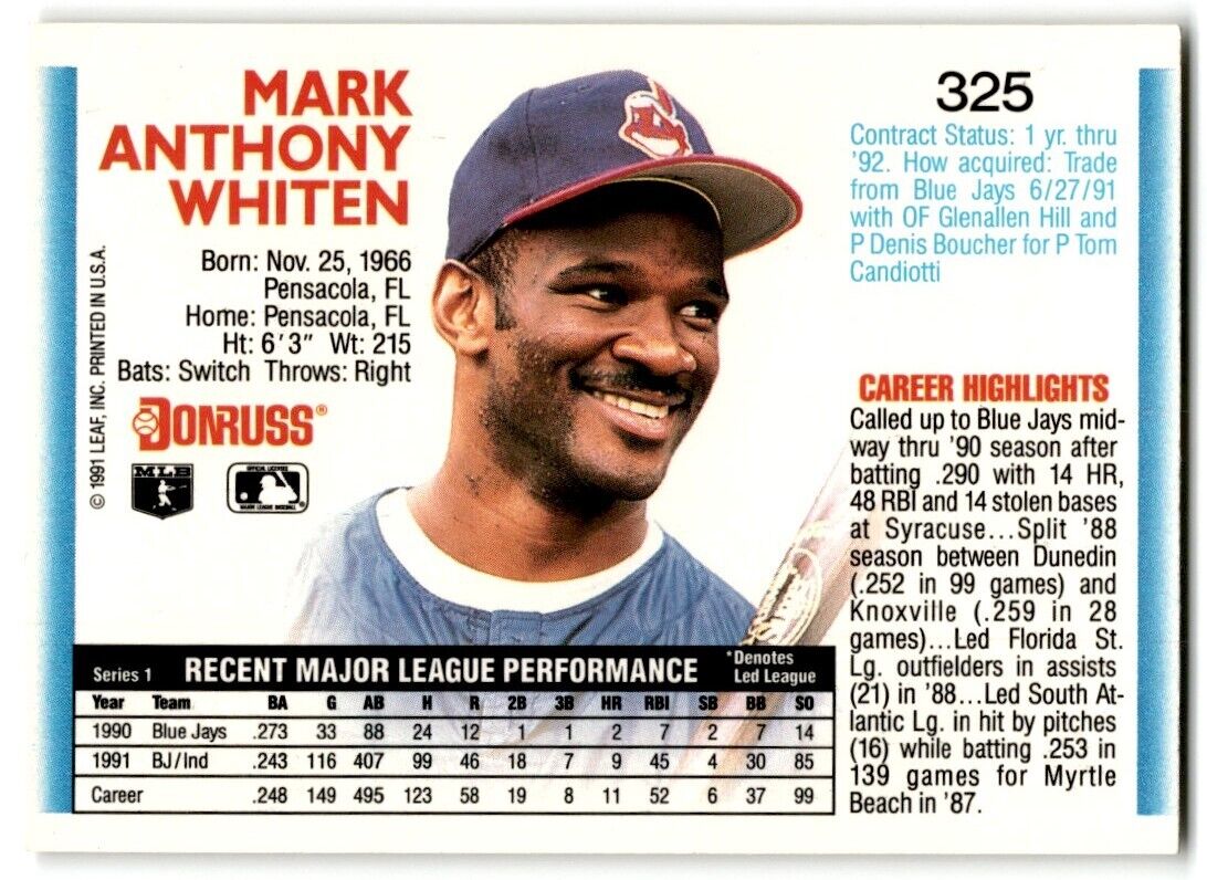 1992 Donruss Mark Whiten Cleveland Indians #325