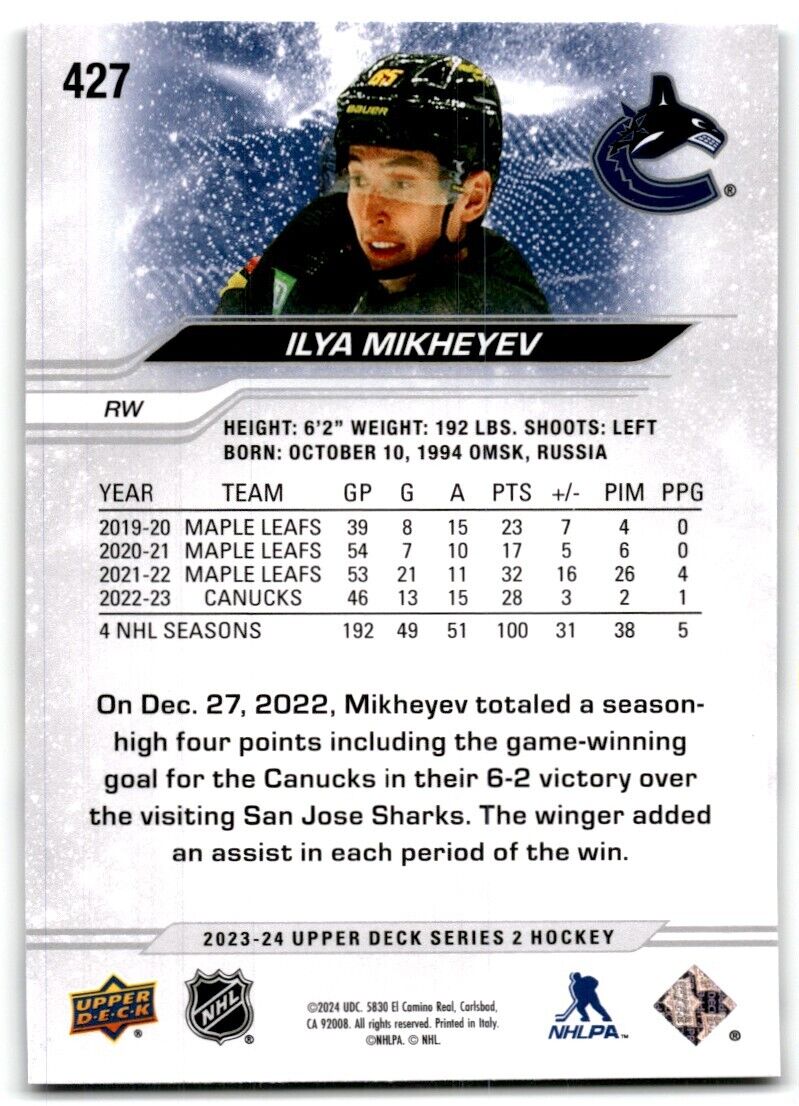 2023-24 Upper Deck Ilya Mikheyev Vancouver Canucks #427