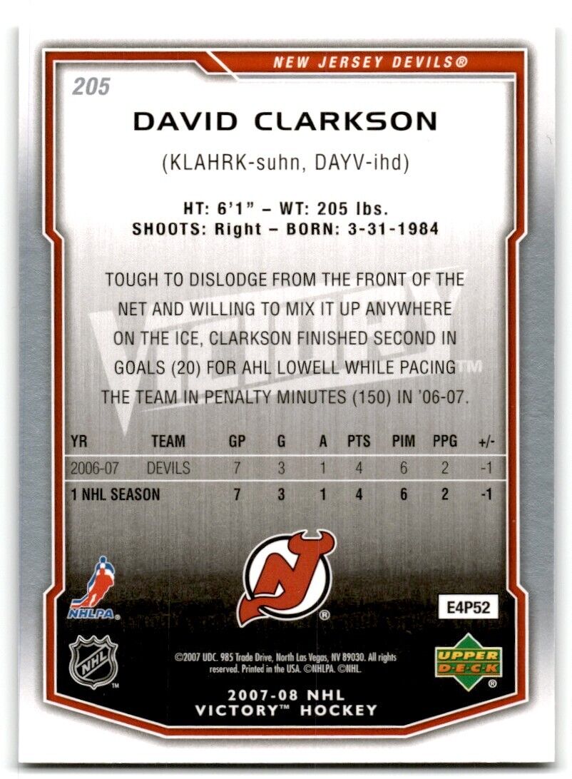 2007-08 Upper Deck Victory David Clarkson Rookie New Jersey Devils #205