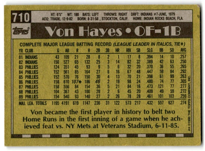 1990 Topps Von Hayes Philadelphia Phillies #710