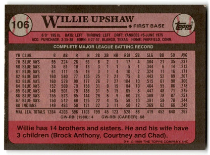 1989 Topps Willie Upshaw Cleveland Indians #106