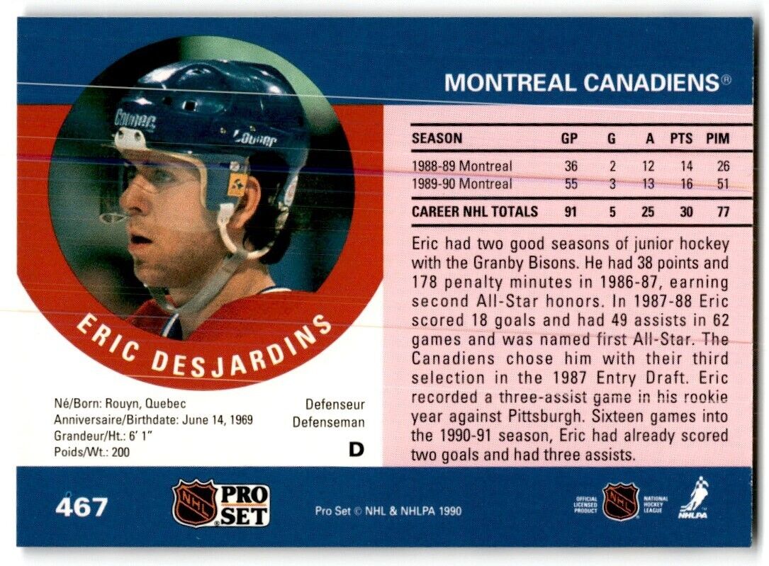 1990-91 Pro Set Eric Desjardins Rookie Montreal Canadiens #467