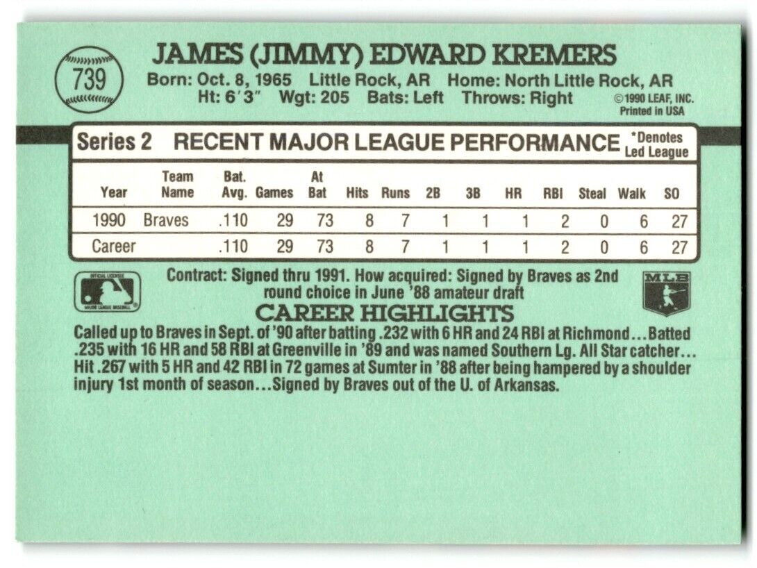 1991 Donruss Jimmy Kremers Atlanta Braves #739