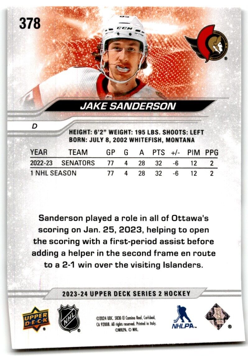 2023-24 Upper Deck Jake Sanderson Ottawa Senators #378