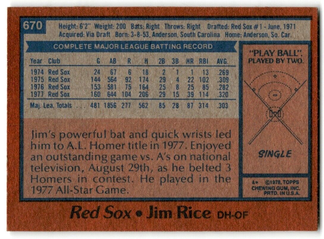 1978 Topps Jim Rice Boston Red Sox #670