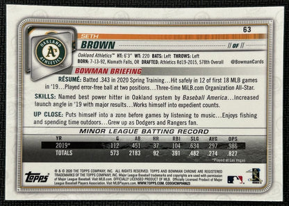 2020 Bowman Chrome Seth Brown Rookie Oakland Athletics #63