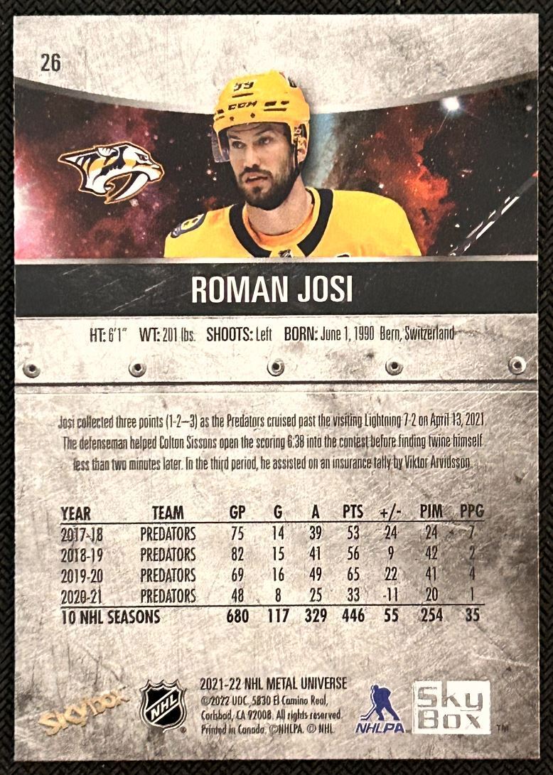 2021-22 Skybox Metal Universe Roman Josi Nashville Predators #26