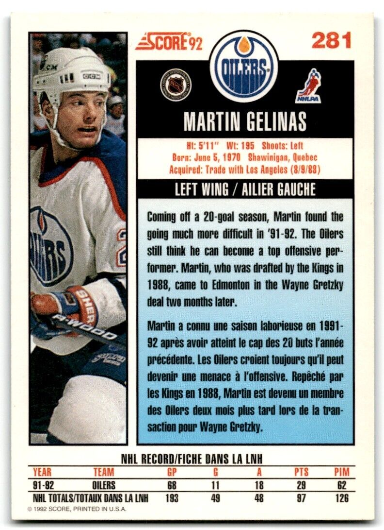 1992-93 Score Martin Gelinas Edmonton Oilers #281