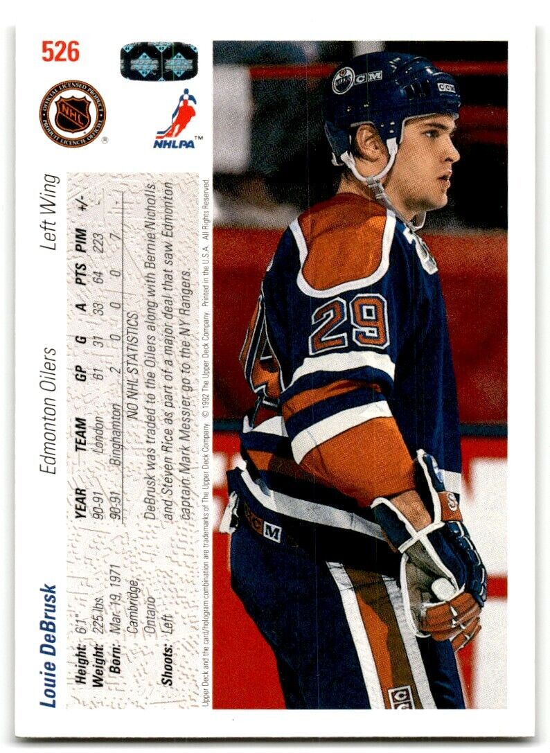 1991-92 Upper Deck Louie DeBrusk Rookie Edmonton Oilers #526