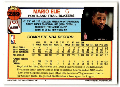 1992-93 Topps Mario Elie Portland Trail Blazers #289