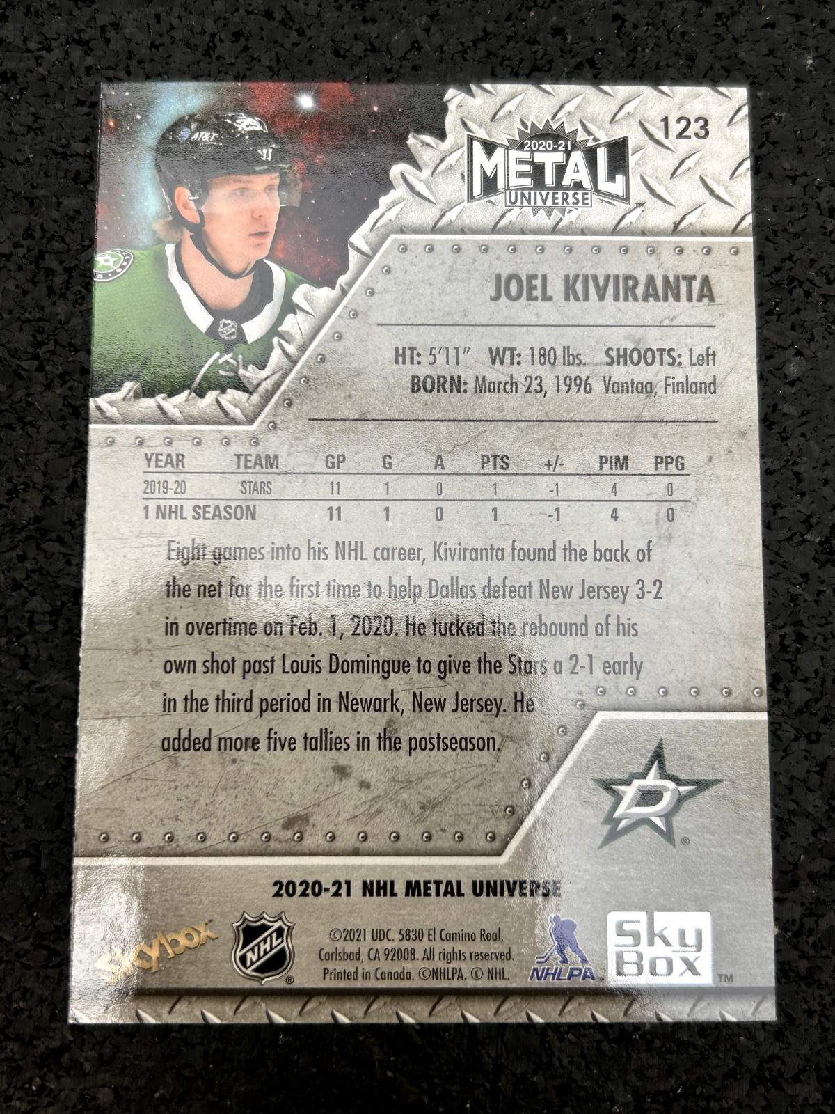 2020-21 SkyBox Metal Universe Rookie Joel Kiviranta #123 Dallas Stars