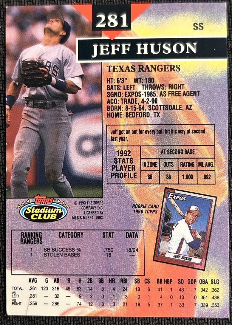 1993 Topps Stadium Club Jeff Huson Texas Rangers #281