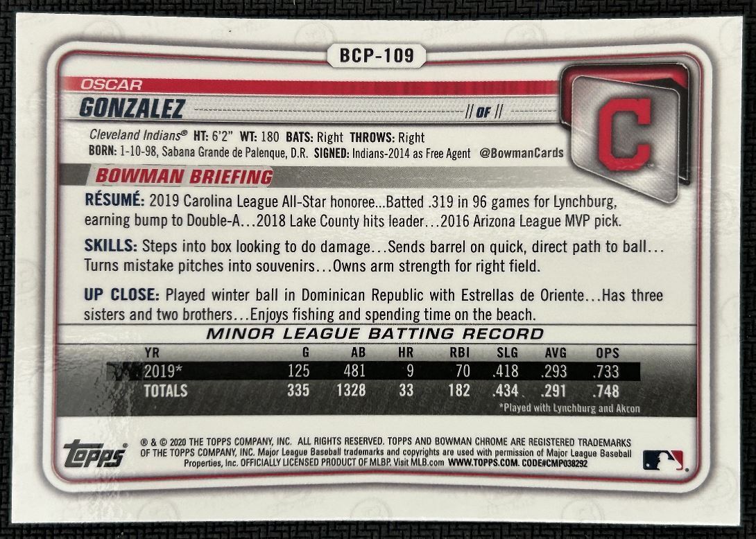 2020 Bowman Chrome Prospects Oscar Gonzalez Cleveland Indians #BCP-109