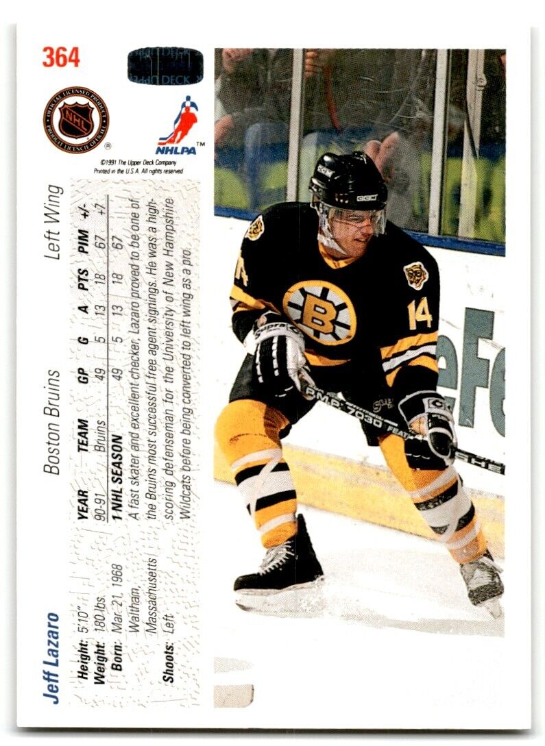 1991-92 Upper Deck Jeff Lazaro Rookie Boston Bruins #364