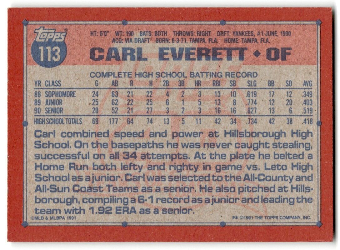 1991 Topps Carl Everett Rookie New York Yankees #113