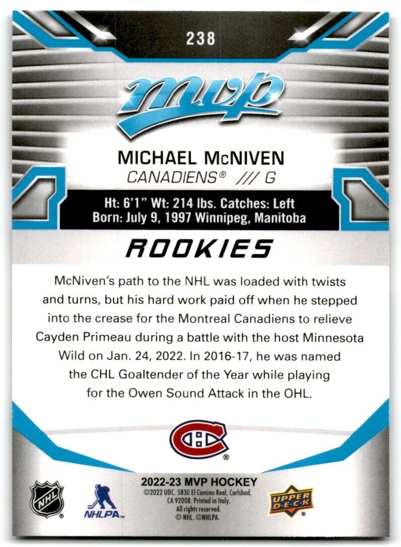 2022-23 Upper Deck MVP Michael McNiven Rookie Montreal Canadiens #238