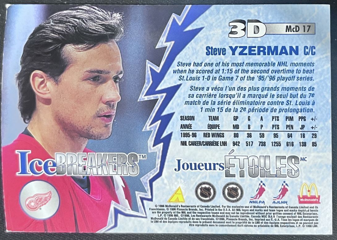 1996-97 Pinnacle McDonald's 3D Ice Breakers Steve Yzerman Detroit Red Wings