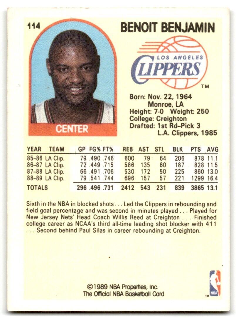 1989-90 Hoops Benoit Benjamin Los Angeles Clippers #114