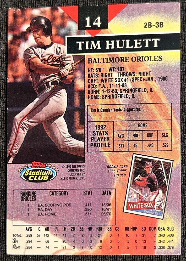 1993 Topps Stadium Club Tim Hulett Baltimore Orioles #14