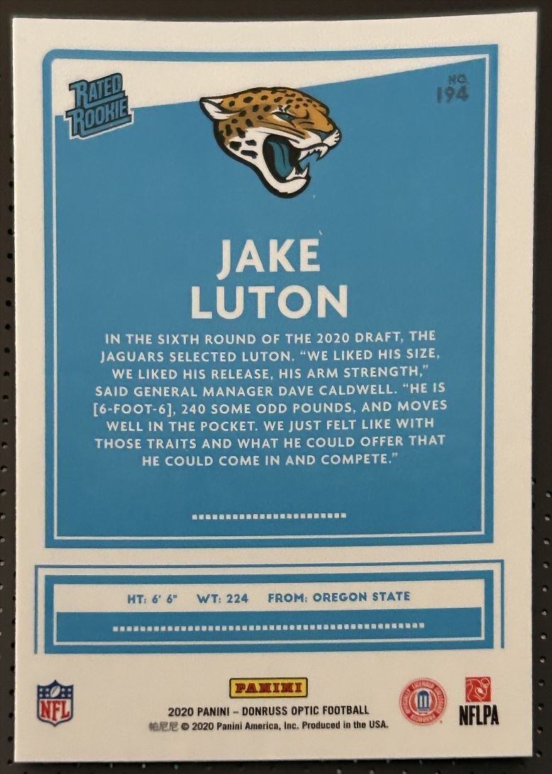 2020 Donruss Optic Jake Luton Rookie Jacksonville Jaguars #194