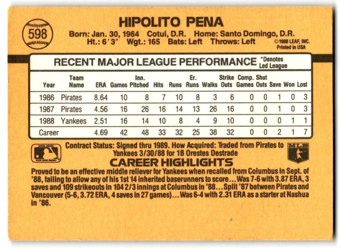 1989 Donruss Hipolito Pena Rookie New York Yankees #598