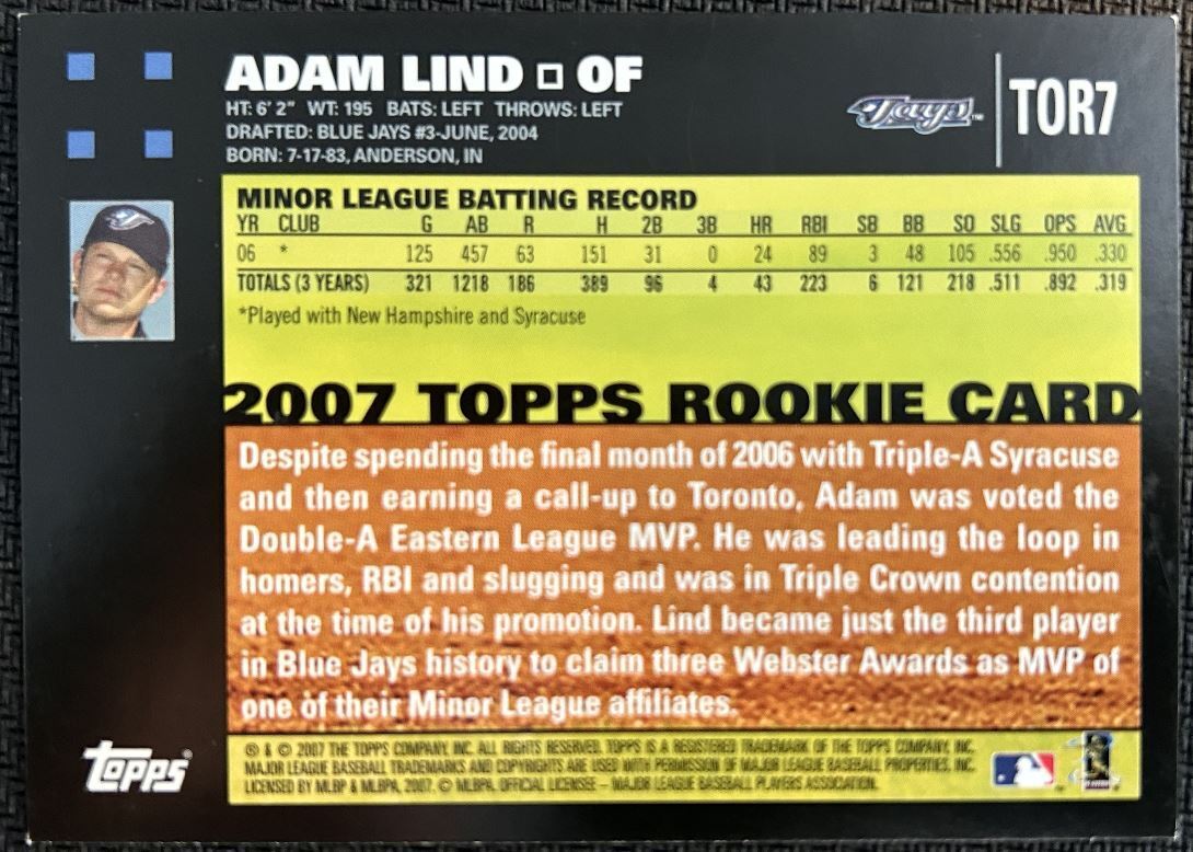 2007 Topps Adam Lind Toronto Blue Jays #TOR7