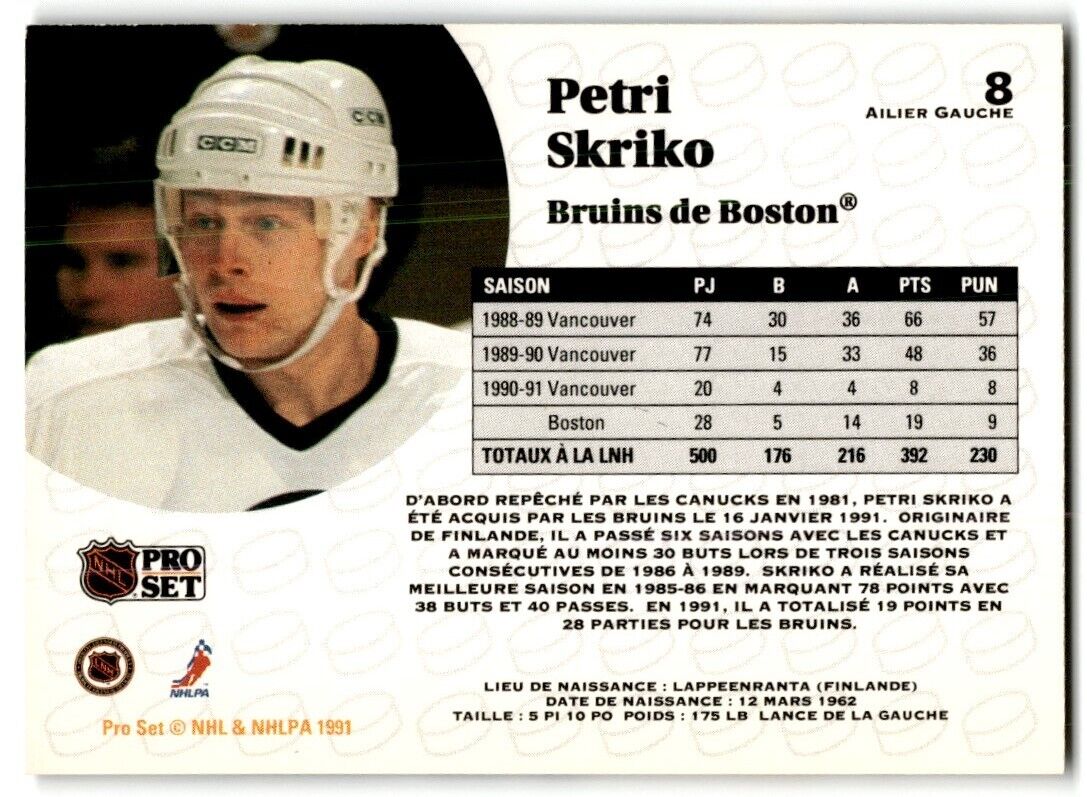 1991-92 Pro Set French Petri Skriko Boston Bruins #8