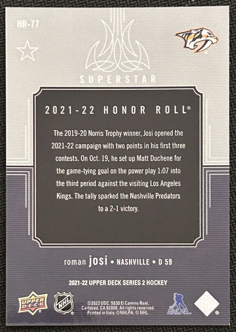 2021-22 Upper Deck Honor Roll Roman Josi Nashville Predators #HR-77