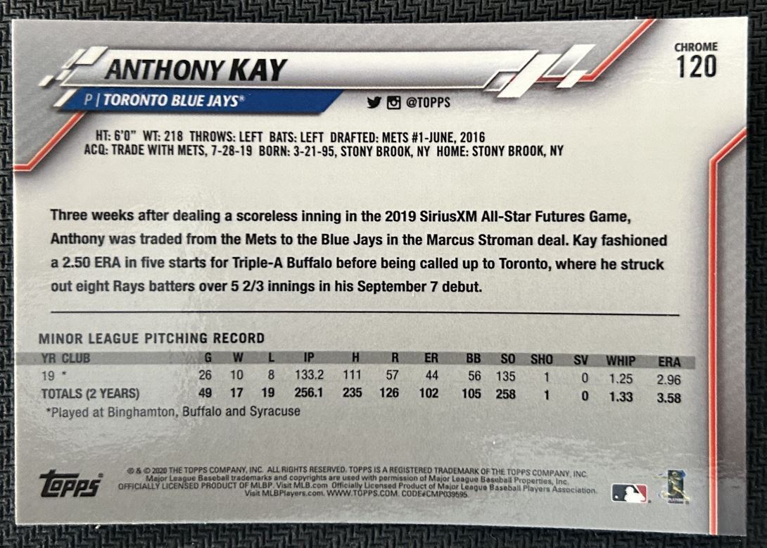 2020 Topps Chrome Anthony Kay Rookie Toronto Blue Jays #120