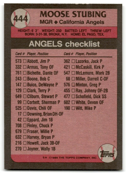 1989 Topps Moose Stubing California Angels #444