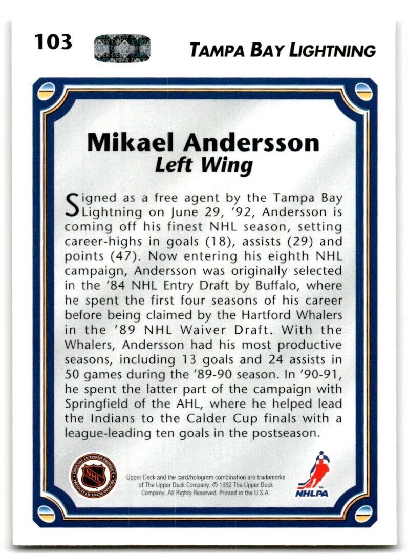 1992-93 Upper Deck Mikael Andersson Tampa Bay Lightning #103