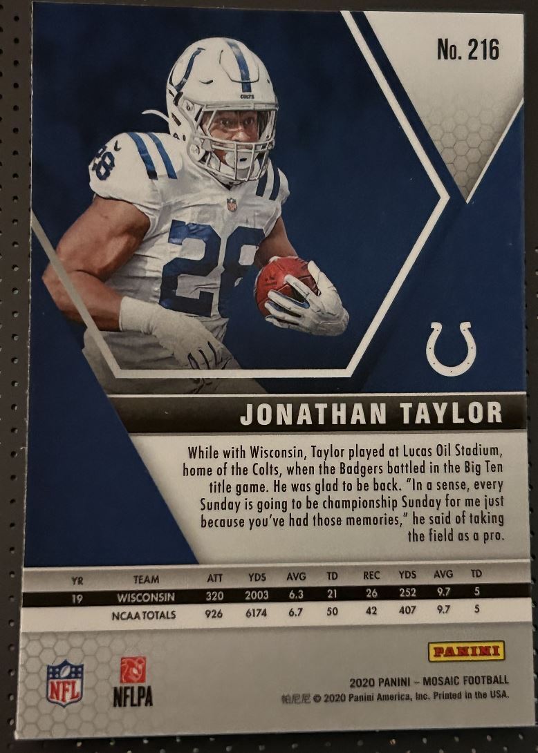 2020 Panini Mosaic Jonathan Taylor Rookie Indianapolis Colts #216