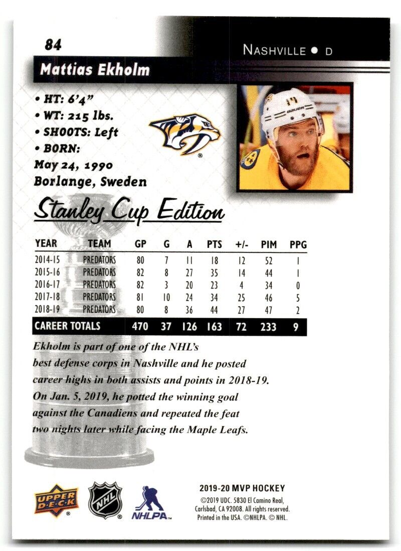 2019-20 Upper Deck MVP Stanley Cup Edition Mattias Ekholm Nashville Predators