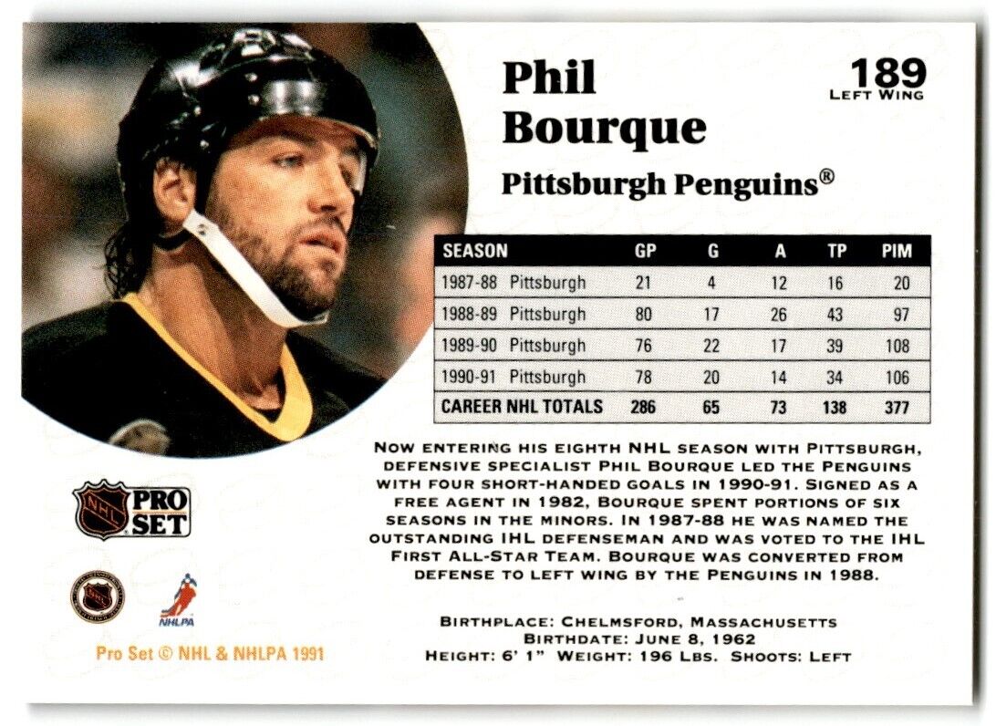 1991-92 Pro Set Phil Bourque Pittsburgh Penguins #189