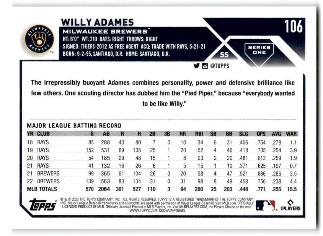 2023 Topps Willy Adames Milwaukee Brewers #106