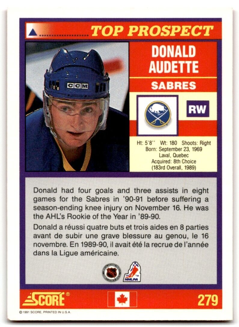 1991-92 Score Canadian Bilingual Donald Audette Buffalo Sabres #279