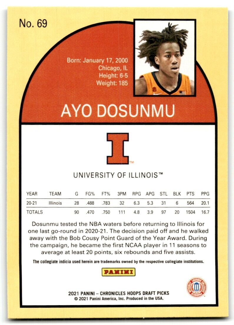 2021-22 Panini Chronicles Draft Picks Ayo Dosunmu Illinois Fighting Illini #69