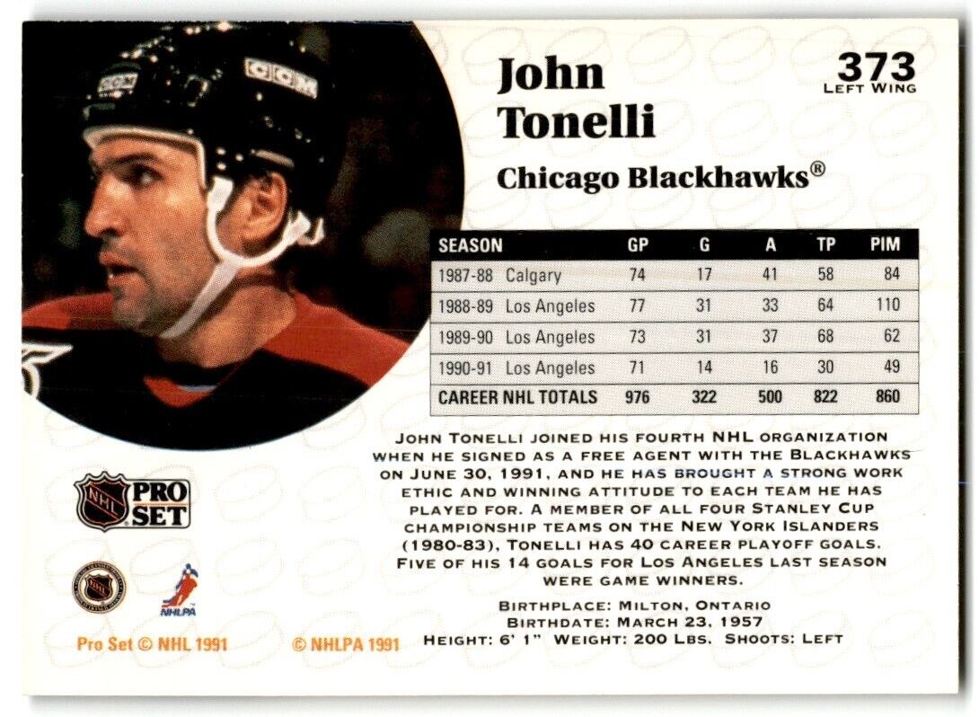 1991-92 Pro Set John Tonelli Chicago Blackhawks #373