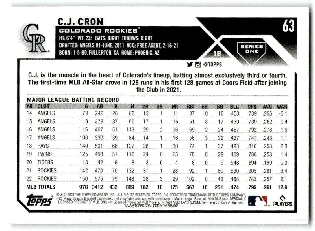 2023 Topps C.J. Cron Colorado Rockies #63