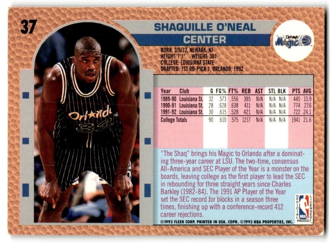 1992-93 Fleer Drake's Shaquille O'Neal Orlando Magic #37