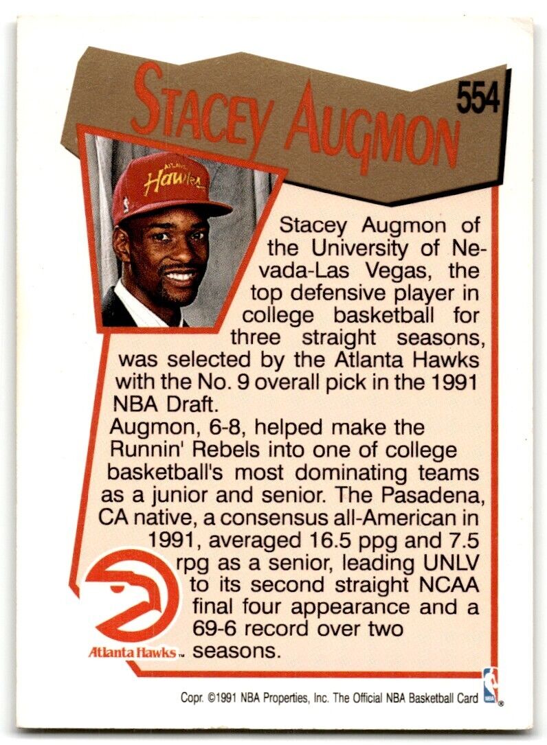 1991-92 Hoops Stacey Augmon Rookie Atlanta Hawks #554