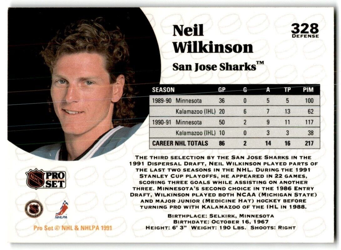 1991-92 Pro Set Neil Wilkinson San Jose Sharks #328