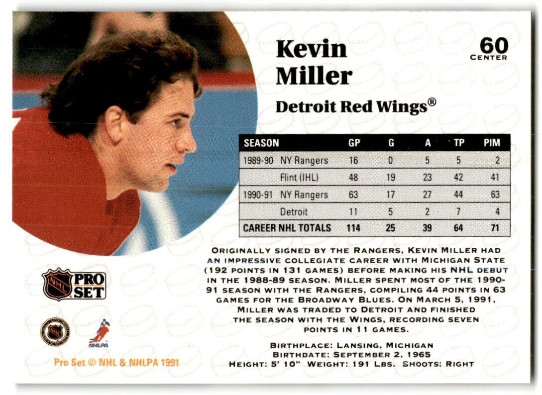 1991-92 Pro Set Kevin Miller Detroit Red Wings #60