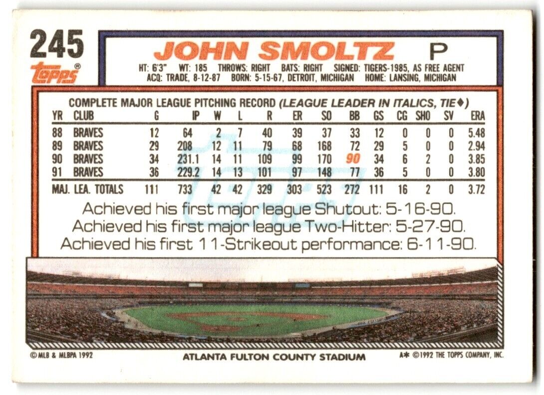 1992 Topps John Smoltz Atlanta Braves #245