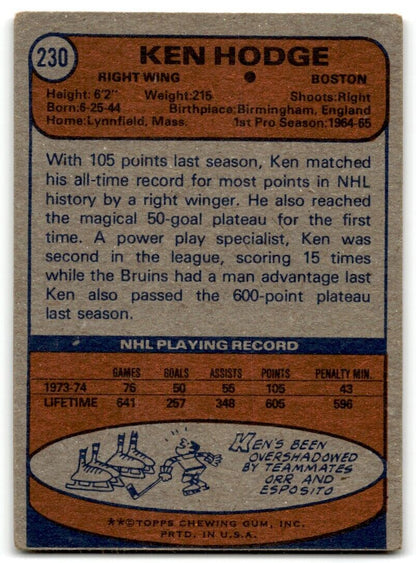 1974-75 Topps Ken Hodge Boston Bruins #230