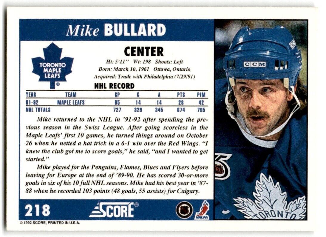 1992-93 Score Mike Bullard Toronto Maple Leafs #218