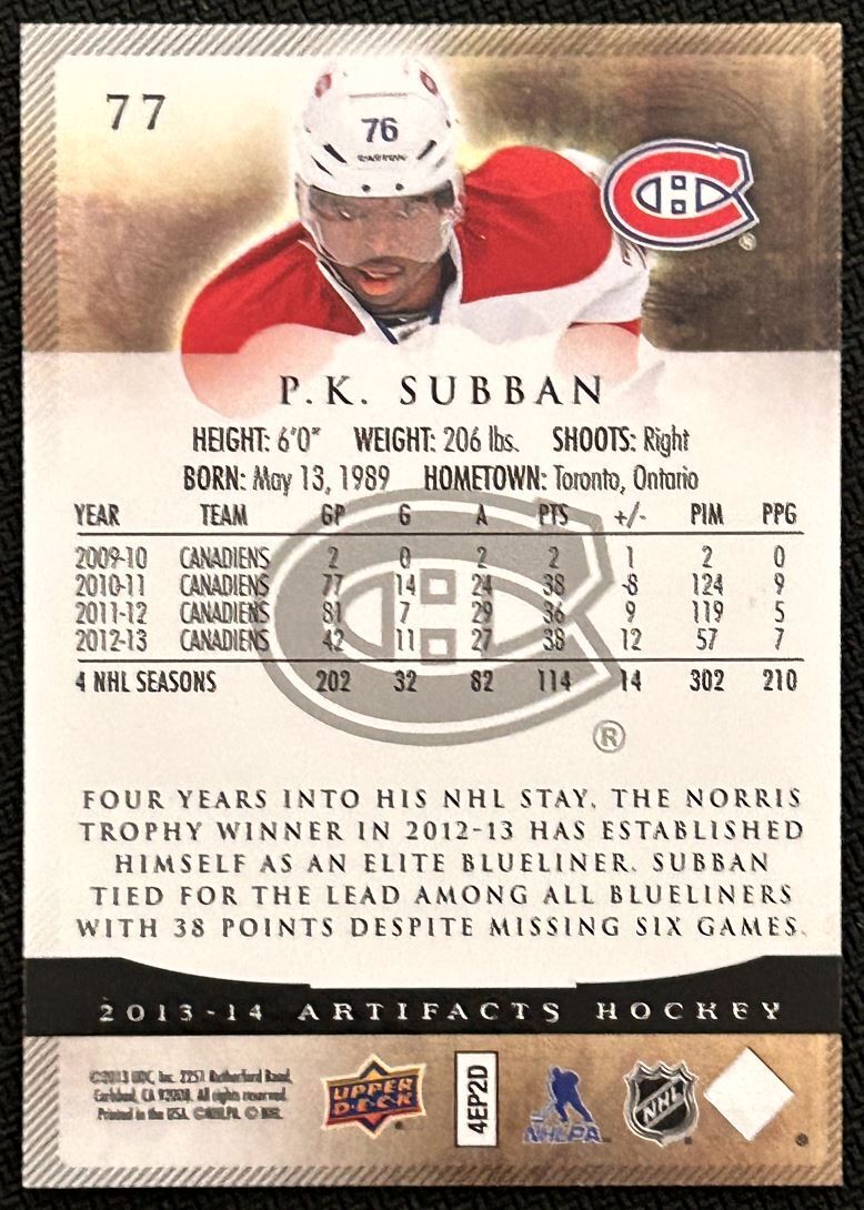 2013-14 Upper Deck Artifacts P.K. Subban Montreal Canadiens #77