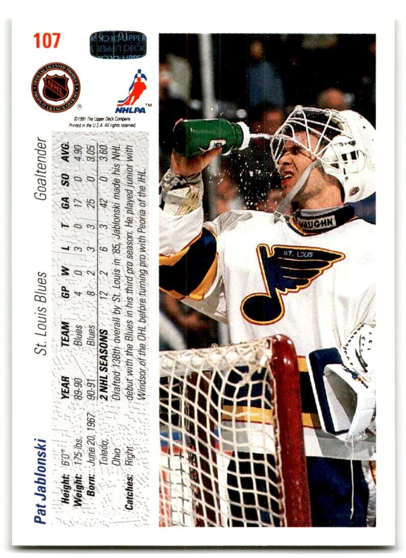 1991-92 Upper Deck Pat Jablonski Rookie St. Louis Blues #107