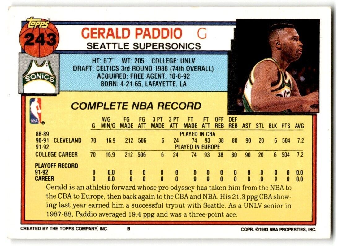 1992-93 Topps Gerald Paddio Seattle SuperSonics #243