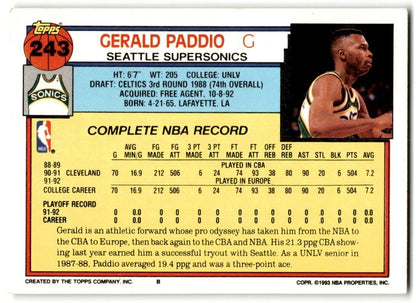 1992-93 Topps Gerald Paddio Seattle SuperSonics #243